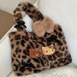 New in Bag! HELLO KITTY  leopard animal print fuzzy fur purse tote